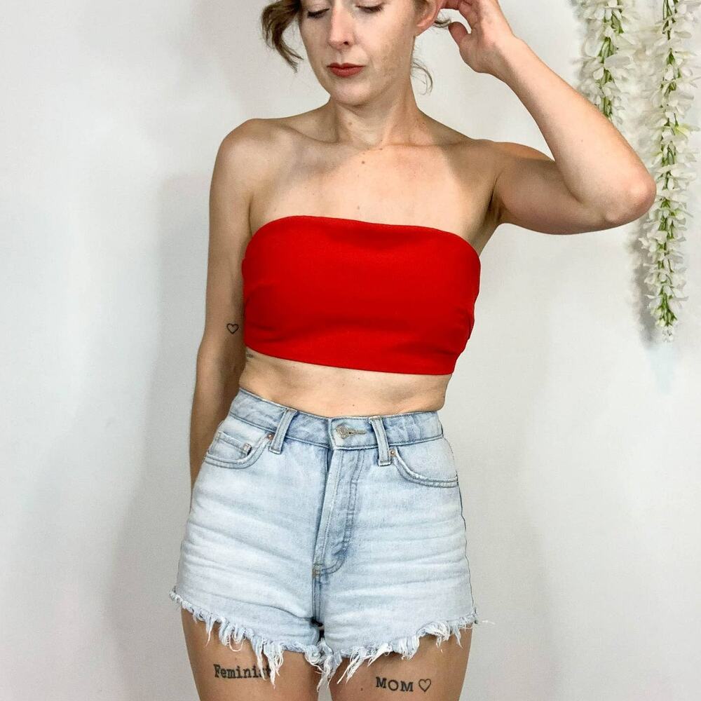 BY THE WAY. red crop top strapless tube top zipper back y2k lovecore 2495